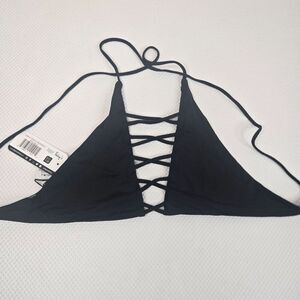 New Dippin Daisy Triangle Bikini Top Lace-Up Front Womens Size S Black